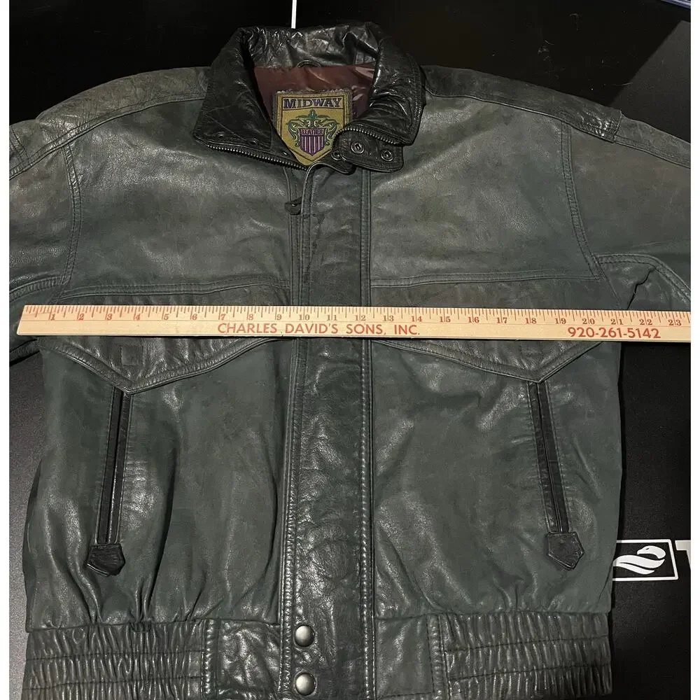 Vintage 80s Midway Leather Bomber Jacket Mens Small Sage Green Slate Flight Coat